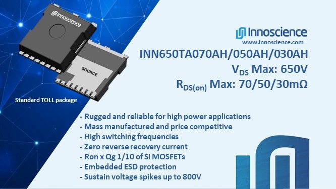Innoscience addresses high power demands with low RDS(on) 650V power transistors in TOLL package